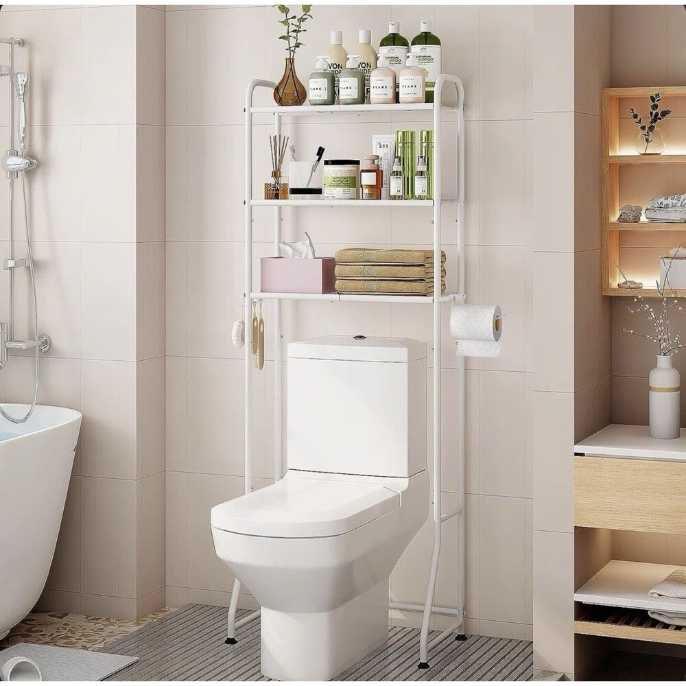 3-Tier Bathroom Storage Rack Paper Holder Hooks Over Toilet Organizer Shelf New